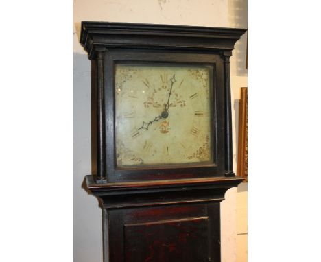 A 19th century mahogany longcase clock, the 11 inch square dial with painted design, the movement striking on a bell, 183cm h