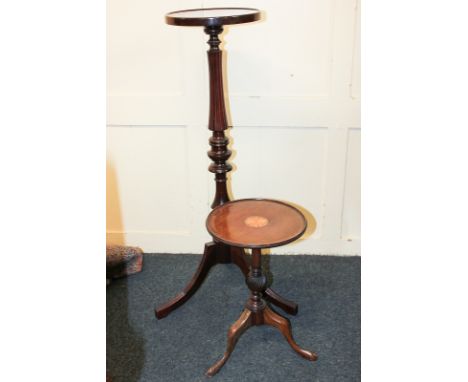 A mahogany jardiniere stand on turned baluster stem and tripod base, 96cm, and a small inlaid mahogany wine table, 45cm