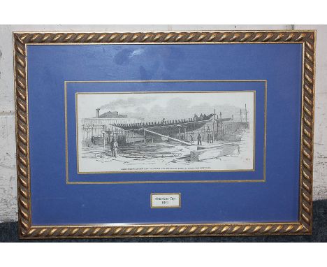 A framed print of yacht building for the Americas Cup 1851,10.5cm by 23.5cm, together with a 19th century engraving after W L