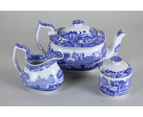 A modern Spode blue and white Italian pattern teapot, cream jug and sugar bowl and cover