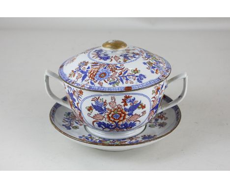 A Spode Copeland & Garrett porcelain lidded chocolate pot and saucer, gilt, russet and blue floral decoration