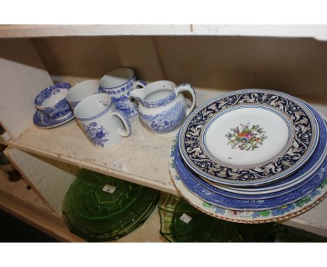 Modern Spode blue and white china mugs including 'Vintage Cycling' and 'The Millennium', Italian pattern cup, saucer and side