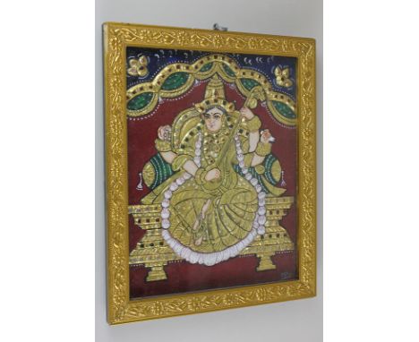 Jaya Chandrasekaran (20th century Indian school), gilded Indian deity playing a musical instrument, seated on a throne, mixed