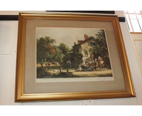 After T Hamilton Crawford, rural scene depicting figures camping beside a lake, colour print, blind stamped and signed in pen
