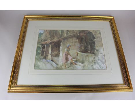 After William Russell Flint, women washing beside a fountain, colour print, 28cm by 40.5cm