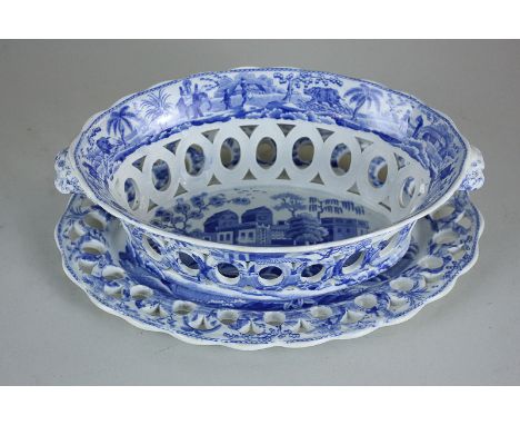 A 19th century Spode porcelain chestnut basket and stand, with pierced lattice borders, decorated in blue on white ground wit