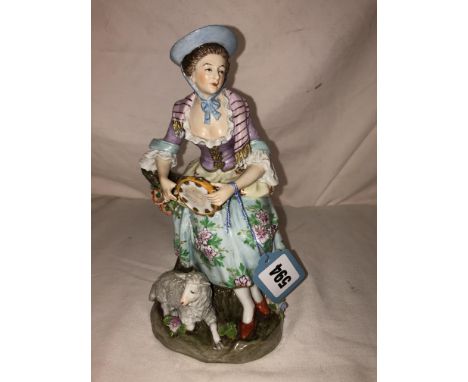 SITZENDORF FIGURE GROUP IN 18TH CENTURY STYLE OF A SEATED LADY AND TAMBOURINE WITH A RECUMBENT LAMB AT HER FEET 19CM H APPROX