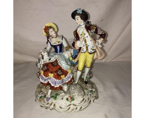 SITZENDORF PORCELAIN FIGURE GROUP IN 18TH CENTURY STYLE  OF A GALLANT AND HIS SEATED COMPANION WITH A PUPPY 21CM H APPROX