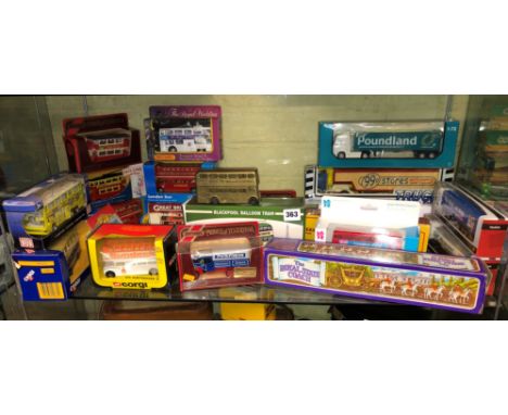 SHELF OF BOXED DIECAST MODEL DOUBLE DECKER BUSES, COACHES AND ARTICULATED LORRIES 