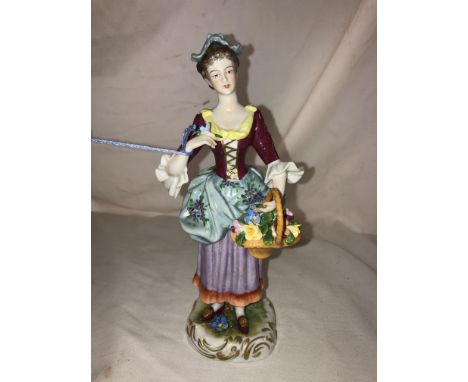 SITZENDORF PORCELAIN FIGURE IN THE 18TH CENTURY STYLE OF A  FEMALE WITH A BASKET OF FLOWERS 18.5CM H APPROX