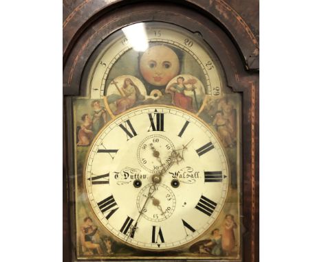 19TH CENTURY OAK AND MAHOGANY CHEQUER STRUNG AND INLAID LONG CASE CLOCK, FACE WITH ARCHED MOON ROLLER PHASE, PAINTED ENAMEL D