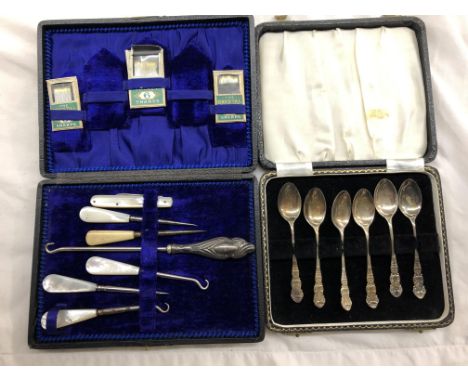 CASED SET OF SIX SILVER TEASPOONS AND A PART SEWING ACCOUTREMENT SET WITH SILVER HANDLED BUTTON HOOK