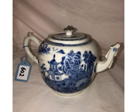 18TH CENTURY PORCELAIN  BLUE AND WHITE GLOBULAR TEAPOT WITH CRAB STOCK HANDLE, SPOUT A/F