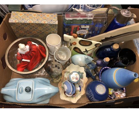 BOX CONTAINING COALPORT LADIES OF FASHION POPPY, RACING CAR TEAPOT, WEDGWOOD CUTLERY AND SOUVENIR TEASPOONS