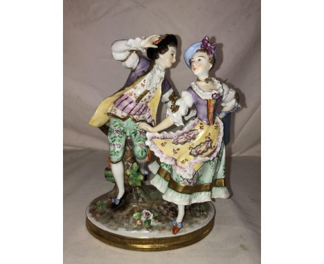 SITZENDORF PORCELAIN FIGURE GROUP IN 18TH CENTURY STYLE OF A DANCING COUPLE 20CM H APPROX