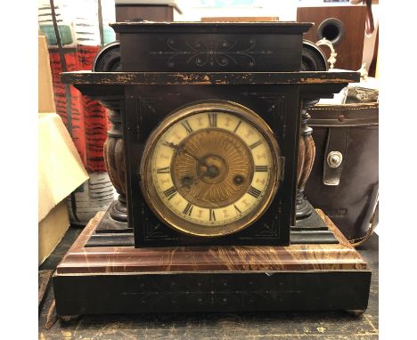 WOODEN CASED SIMULATED SLATE MANTEL CLOCK A/F