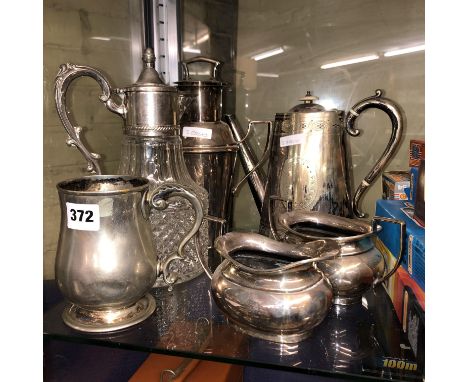 THREE PIECE EPNS TEA SERVICE, CLARET JUG, BALUSTER TANKARD AND A CASED SET OF FISH CUTLERY