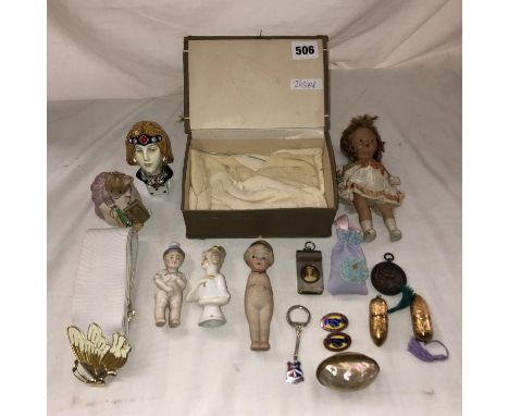 BOX CONTAINING A MISCELLANAE OF BISQUE HEAD CERAMIC MINIATURE DOLLS, MOTHER OF PEARL SHELL BOX, PLATED VESTA CASE, WOMANS OWN