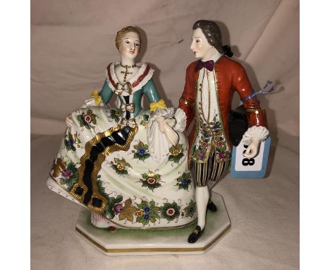 19TH CENTURY SITZENDORF PORCELAIN FIGURE GROUP IN THE 18TH CENTURY STYLE OF A COUPLE ON A CANTED EDGE BASE, CROSS BLUE MARK T