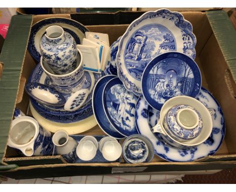 BOX OF BLUE AND WHITE TRANSFER PRINTED WARE, SPODE ITALIAN SERIES DISH, CHINESE BALUSTER VASE A/F, ROYAL COPENHAGEN CHRISTMAS