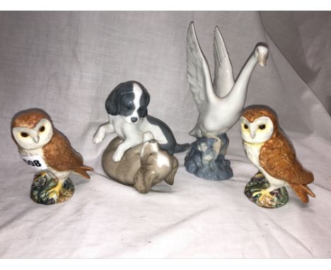 TWO BESWICK OWLS, NAO PLAYFUL DOGS AND A SWAN