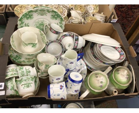 CARTON CONTAINING A VICTORIAN GREEN FLORAL TEA SERVICE, ROYAL ALBERT ROSE PATTERN EDGED PART TEA SERVICE AND OTHERS