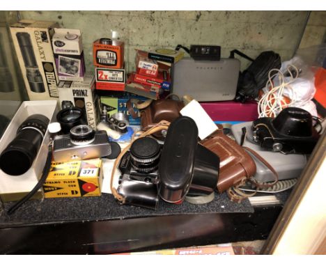 SHELF OF KONICA, PRAKTICA SUPER TL 35MM, OLYMPUS TRIP 35, PLUS LIGHT METERS, AUTO CONVERTERS, FILTERS, PRINZ TELEPHOTO LENS, 