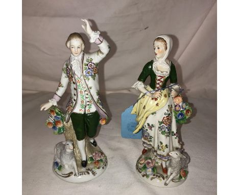 PAIR OF SITZENDORF PORCELAIN FIGURES IN THE 18TH CENTURY STYLE OF A MALE AND A FEMALE WITH SEATED LAMBS 16.5CM H APPROX