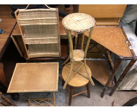 EDWARDIAN BAMBOO CORNER WOTNOT SHELF AND OTHER BAMBOO AND RATTAN RACKS AND A SMALL BEECH STOOL