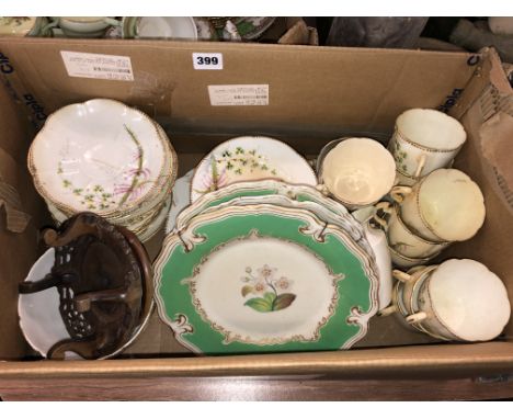 BOX CONTAINING VICTORIAN FLORAL TEA SERVICE, THREE VICTORIAN APPLE GREEN BOTANICAL SPRAY PLATES AND A PAIR OF POTTERY BOOK EN