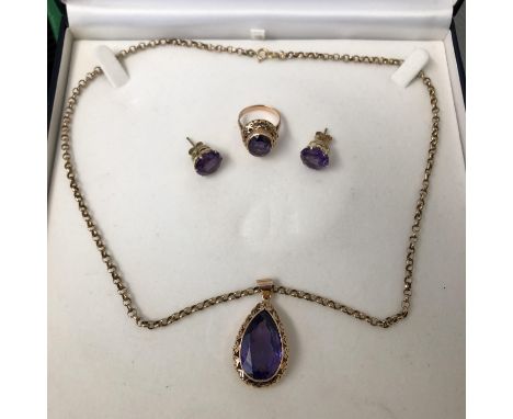 BOXED ROSE GOLD PARURE STAMPED 9ct BELCHER LINK CHAIN WITH STAMPED 14K AMETHYST SET PEARDROP PENDANT, 9CT STUD EARRINGS AND S