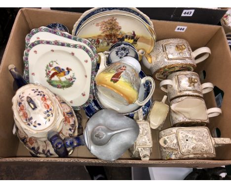 VICTORIAN BLUE AND IRONSTONES TEAWARES, TEAPOT ON STAND AND PEWTER LIDDED JUG AND EMPIRE CHINTZWARE TEAPOTS, SUCRIERS AND MIL