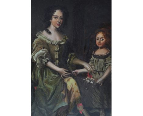 An 18th century oil on copper / tin portrait&nbsp; painting study group of a mother and child seated in period setting and dr