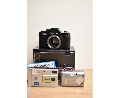 A selection of cameras. A Minolta Disc 5 camera, a Fujifilm A203 digital camera, a boxed Contax RTS II Quartz camera and seve