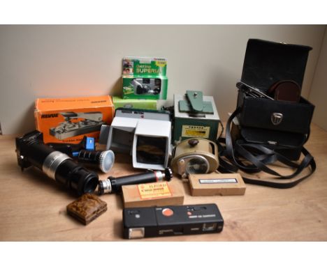 A box of various photographic itemsincluding film splicers, slide duplicator, Ilford Lantern plates unused etc