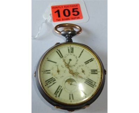 Large Antique Gun-Metal Moonphase Pocket Watch.
The diameter of the Case of the Watch is 70mm with a Watch Glass of 59mm in d