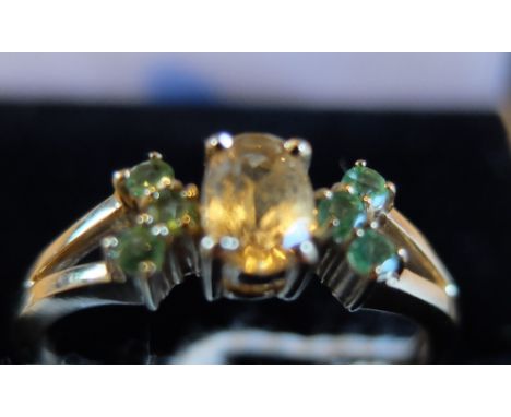 9ct Gold-Topaz and Tsavorite Ring.