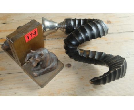Pair of Black Forest Book-Ends+Horn Candlestick