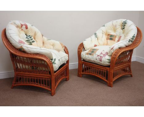 Five piece cane conservatory suite comprising of - two seat sofa (W156cm), pair matching armchairs, rectangular coffee table 