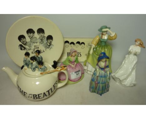 Royal Doulton figures - 'Buttercup', 'Thank You', two mid 20th century figurines, Beatles teapot, plate and pencil case Condi