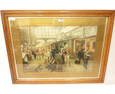 Soldiers Departing for the Boer War on the Southampton Train, late 19th century colour print after R H Hingford 43cm x 65cm C