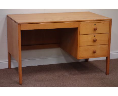 Light wood vintage retro desk fitted with three drawers, W122cm, H76cm, D69cm Condition Report Click here for further images,