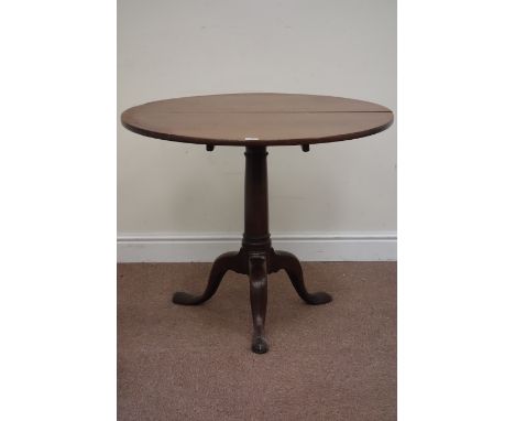 Georgian circular tilt top tripod table, raised on turned column fitted with tripod splay legs, D90cm, H73cm Condition Report