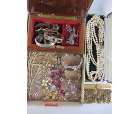 Hallmarked silver bracelet and necklace, vintage and later costume necklaces and pairs ear-rings ensuite, pearl and stone set