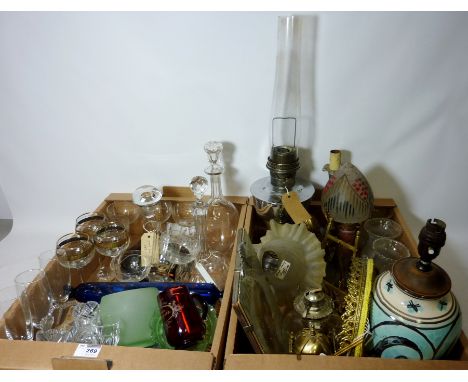 Ships decanter, other crystal decanters, Art Deco picture frame, table lamps, an oil lamp, three Demi Johns and miscellanea i