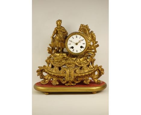 20th century French gilt metal figural clock, H31cm  CLOCKS & BAROMETERS - as we are not a retailer, these items are sold as 