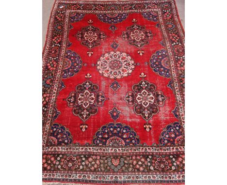 Large Persian Kerman red ground rug carpet, 410cm x 315 Condition Report Click here for further images, condition, auction ti