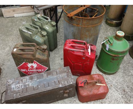 Various fuel containers and an ammunition box