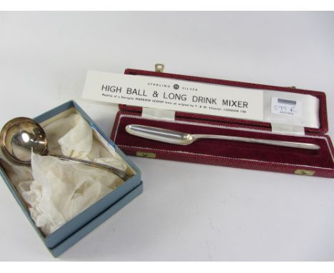 Silver ladle Sheffield 1917 and a silver marrow scoop (high ball & long drink mixer) Sheffield 1973 both cased  Condition Rep