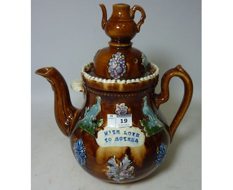 19th Century treacle glaze barge teapot with 'Love to Mother' H 31cm Condition Report Click here for further images, conditio